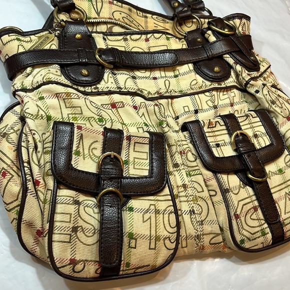 Coach BEIGE brown Tattersall Graffiti TOTE BAG PURSE 2 handles multi pockets 15” - Picture 4 of 16